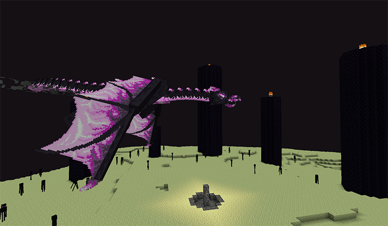Ender Dragon hovering over the End island with obsidian pillars