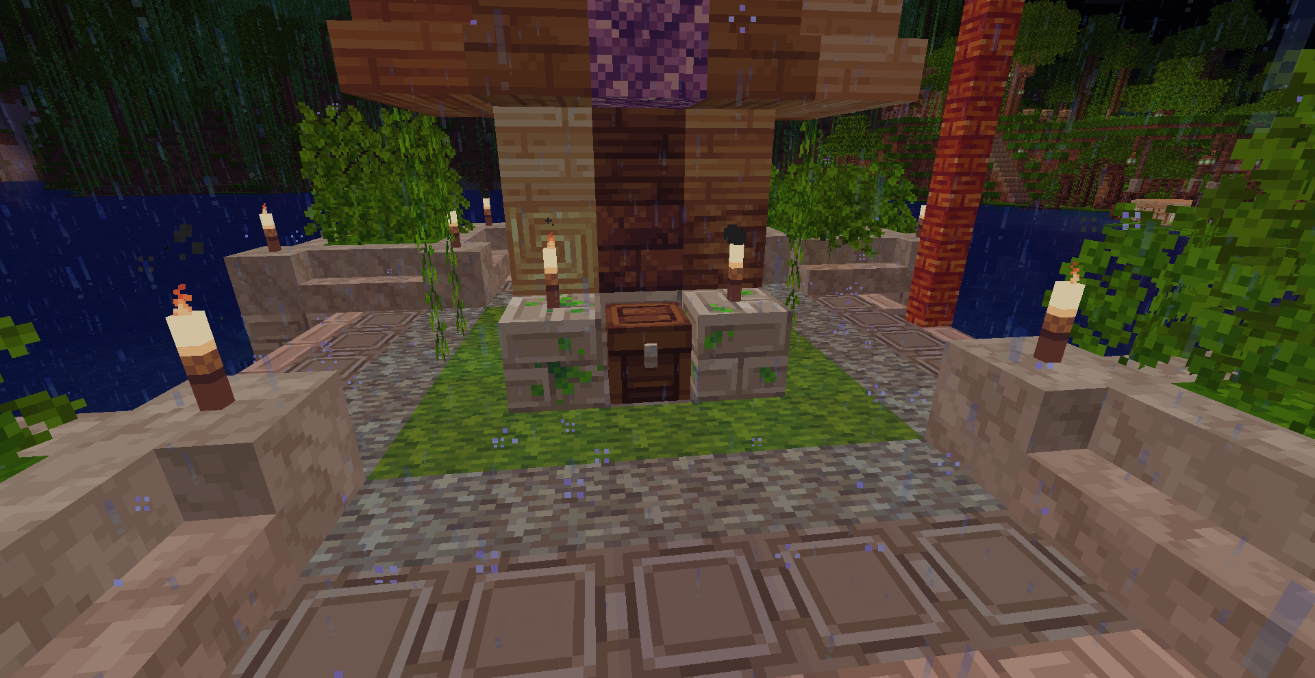 Close-up of the amethyst shrine entrance in the rain on Alpha Legends