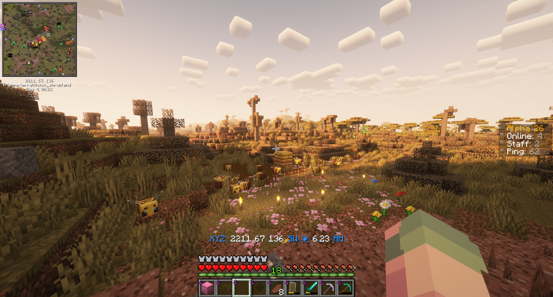 Bees buzzing over a pink-flower hot shrubland at sunrise on Alpha Legends with shaders
