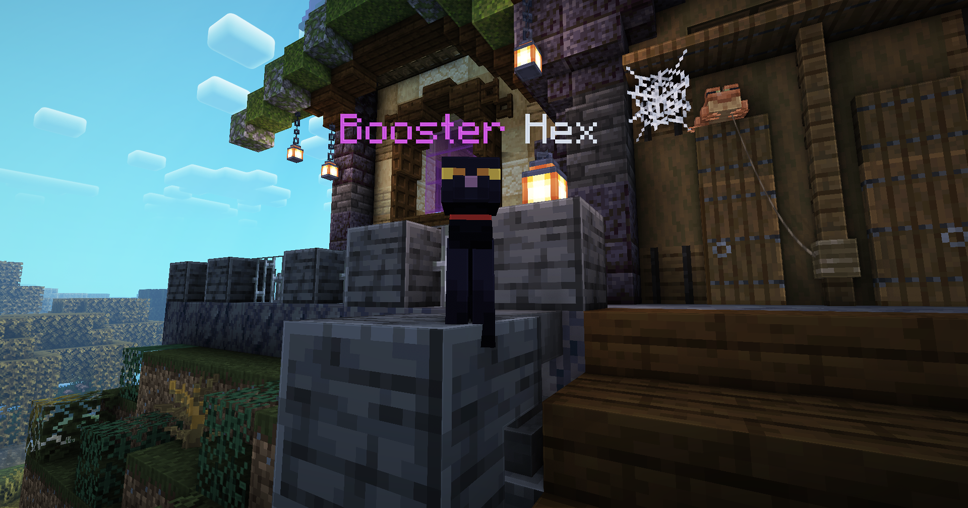 Player Booster Hex standing on stone steps in front of a lantern-lit portal entry on Alpha Legends