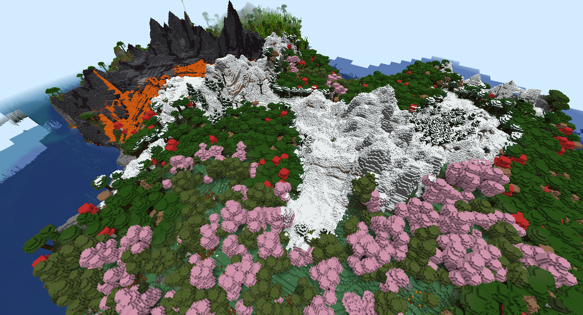 Aerial view of an island with cherry blossoms, snowy peaks, and lava cliffs on Alpha Legends