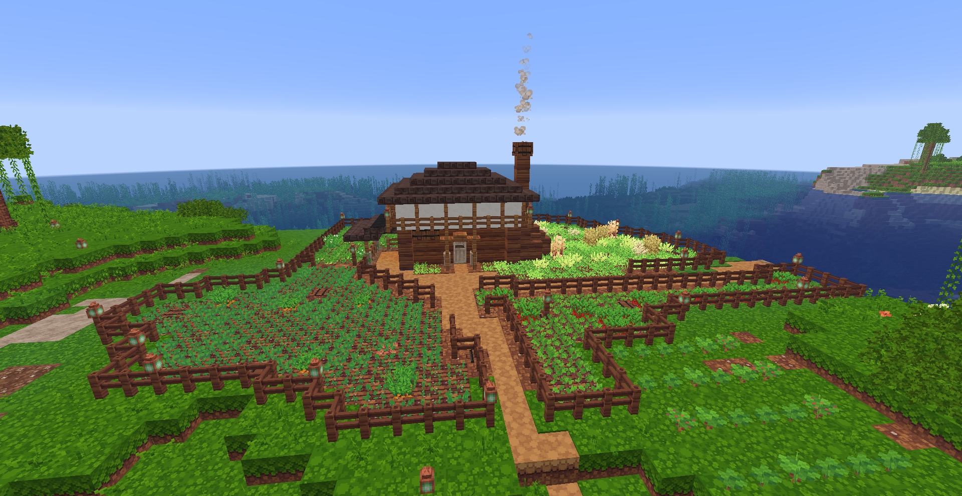 Coastal farmhouse with fenced crops and a smoking chimney on Alpha Legends