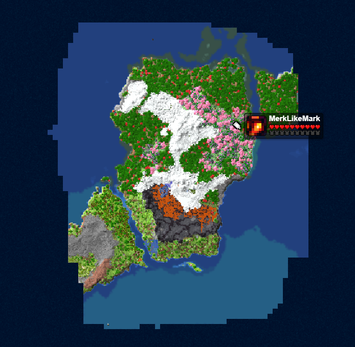 In-game map view of the main island with MerkLikeMark's player marker on Alpha Legends