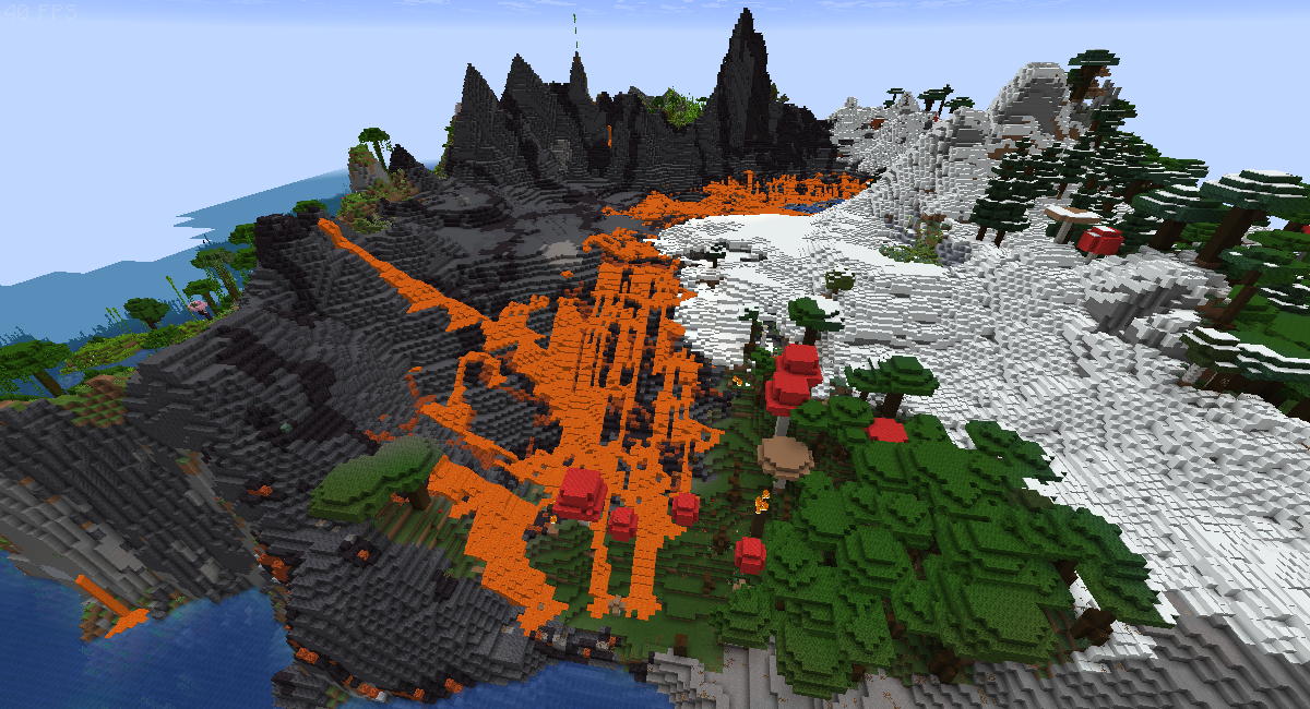 Lava-streaked mountain with mushroom fields and snowy peaks on Alpha Legends