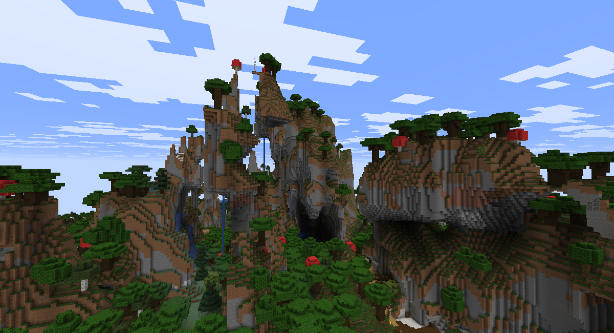 Mushroom-topped mountain peaks with natural arches and lush forest on Alpha Legends