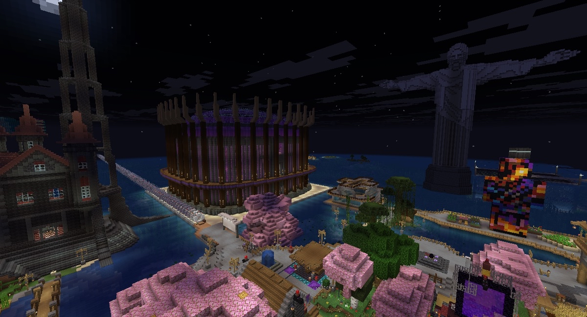Night view of the purple stadium with surrounding builds and giant statue on Alpha Legends