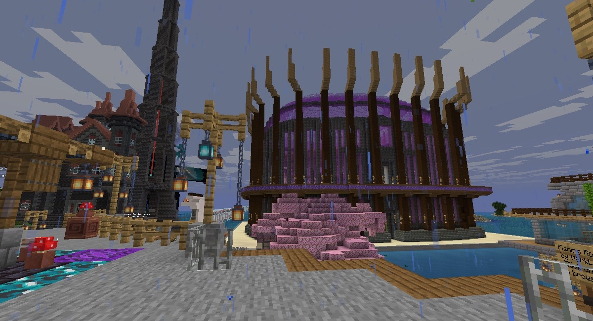 Purple stadium and surrounding builds in the rain on Alpha Legends