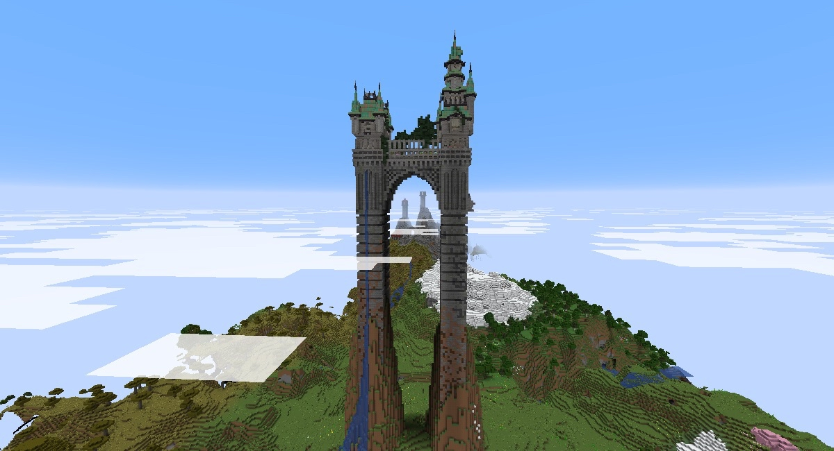 Massive sky archway with towers rising above the mountains on Alpha Legends