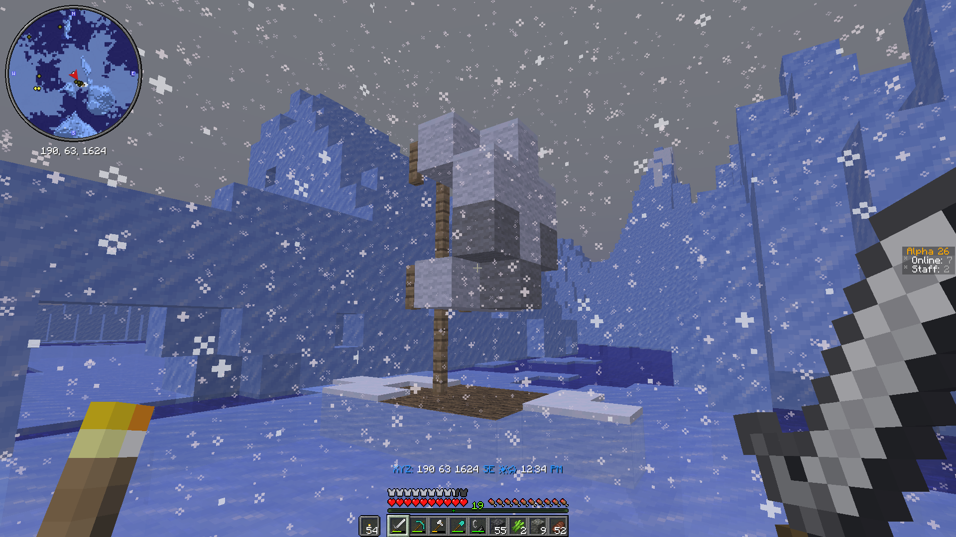 Snowy castle courtyard during heavy snowfall on Alpha Legends