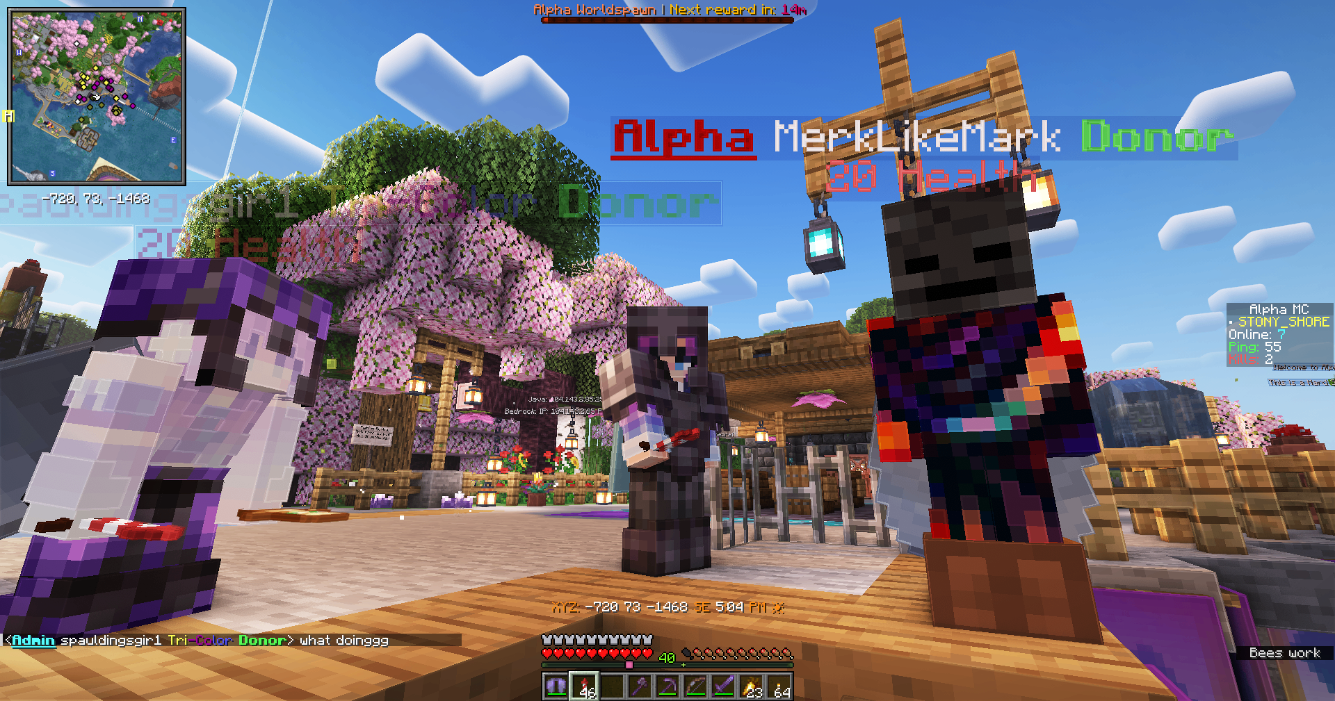 Spawn area with cherry blossoms, donors, and MerkLikeMark hanging out on Alpha Legends