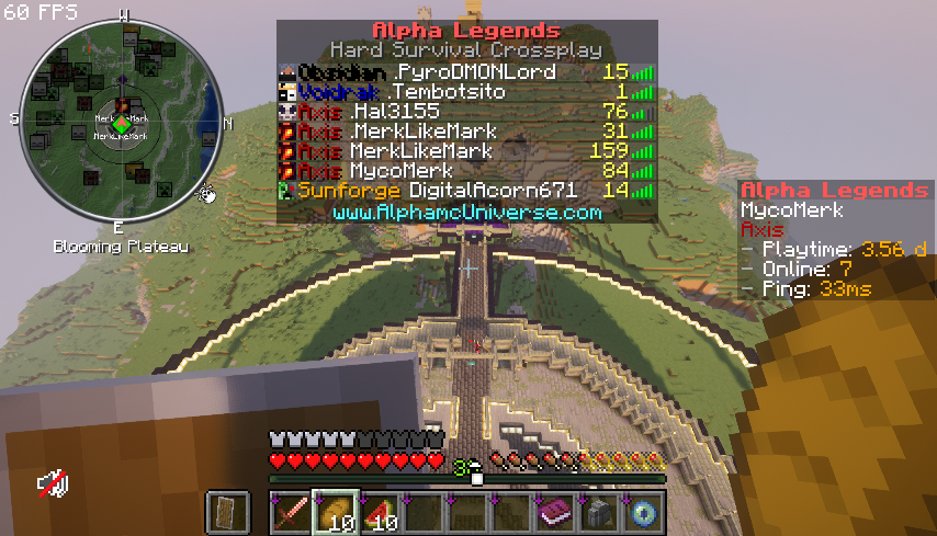 Alpha Legends tab list over the Blooming Plateau biome with online players visible