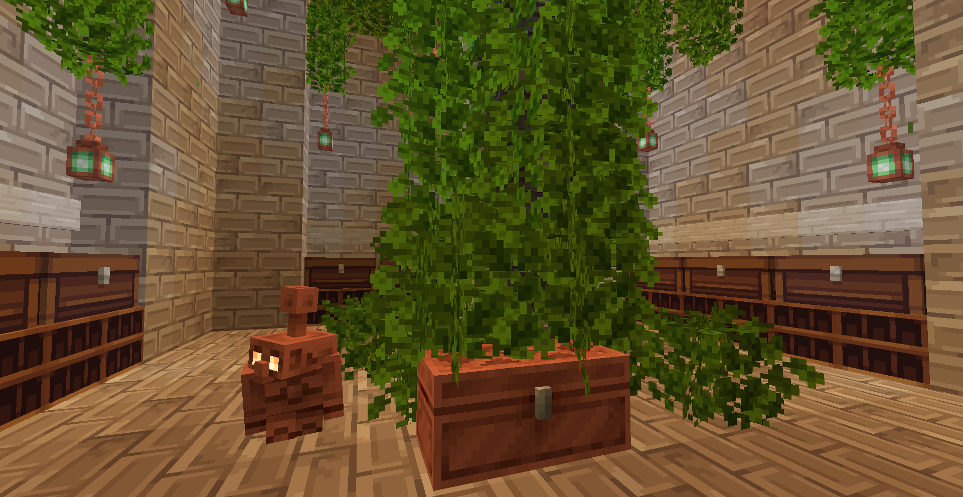 Ground floor of a vine-filled library atrium with lanterns and bookshelves on Alpha Legends
