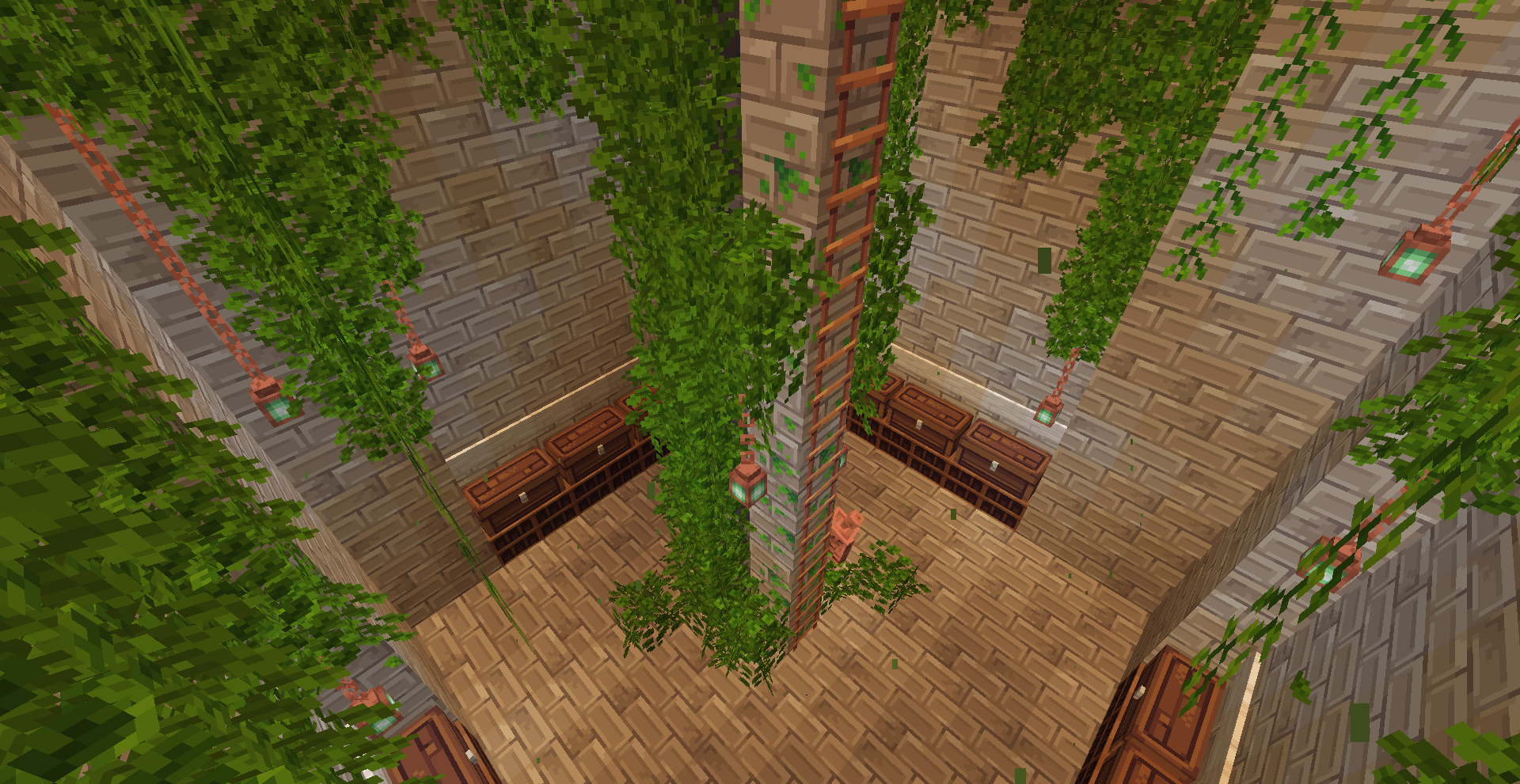 Upper overlook of a vine-filled library atrium with hanging lanterns on Alpha Legends