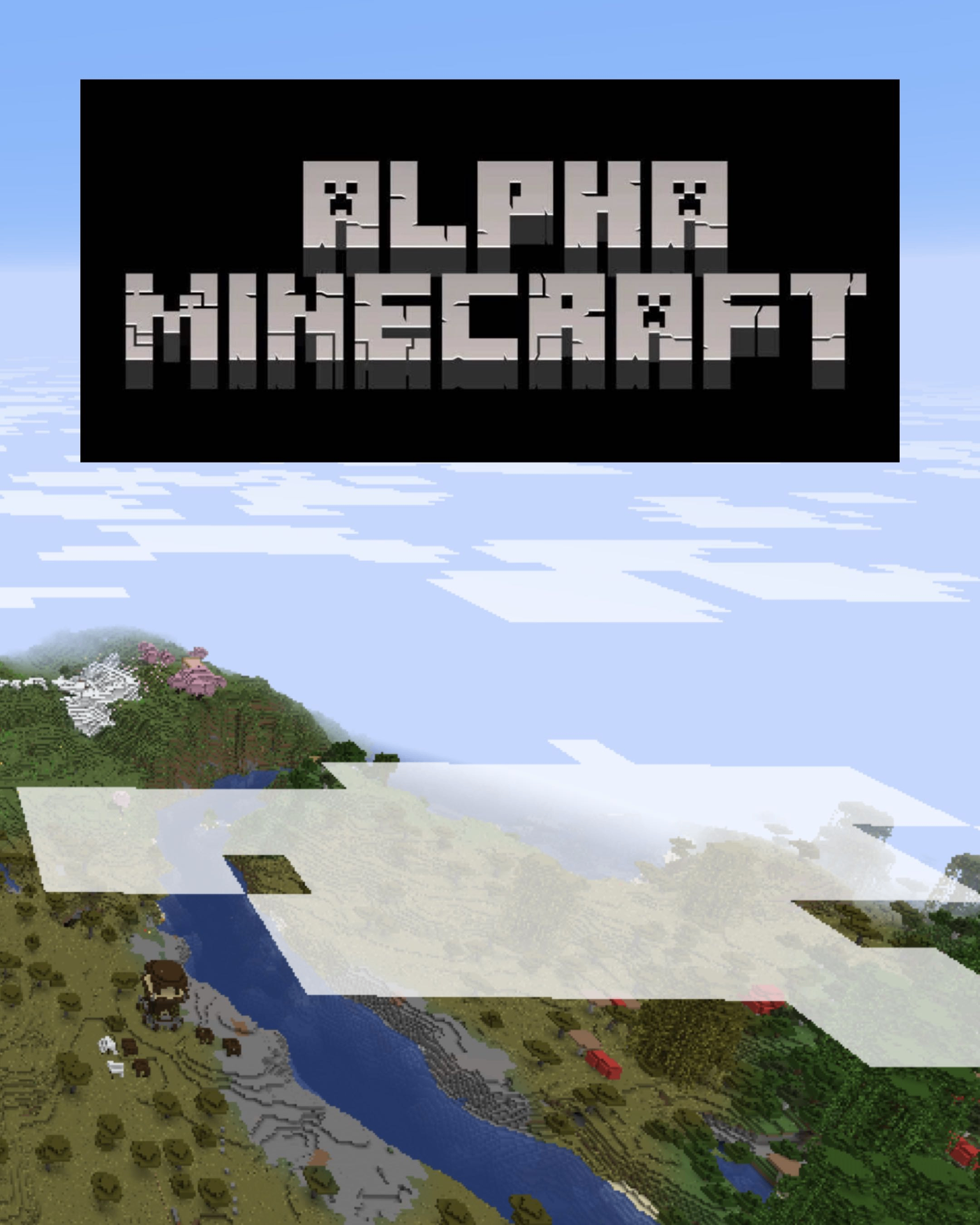 Alpha Minecraft logo floating in the sky above the world