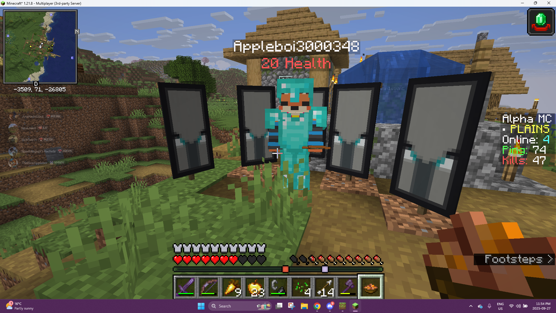 Appleboi3000348 in full diamond armor surrounded by armor stands at a village